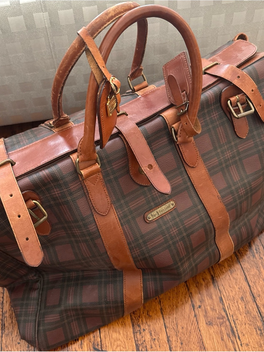 Vintage Ralph Lauren Tartan Plaid Boston Weekend Travel Bag Luggage Leather